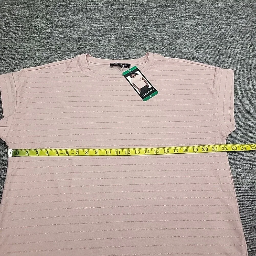 Ellen Tracy Women's Top X-Large Size Pink Short Sleeves Blouse w Glitter Stripes
